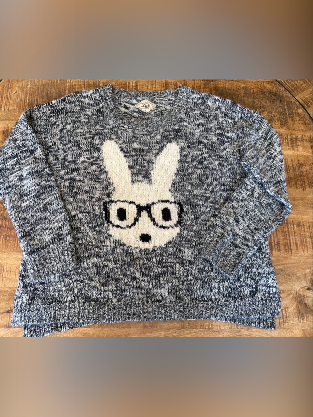 Love Black & White Marled Bunny Sweater with Glasses Motif
